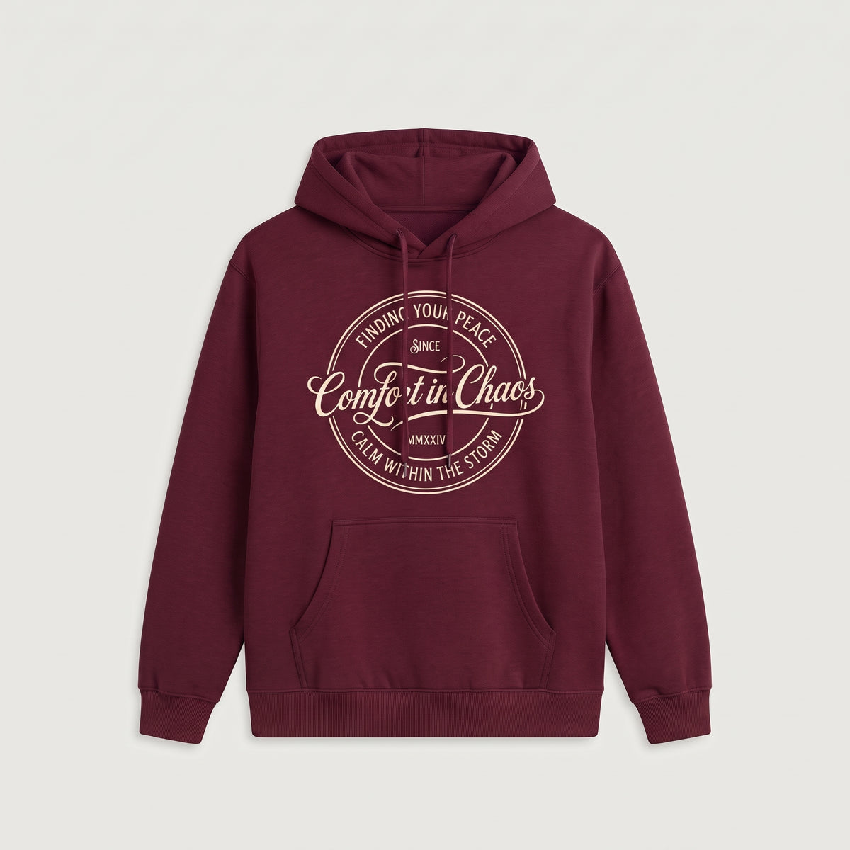 Comfort in Chaos Circular Crest Graphic Printed Pullover Hoodie – Maroon