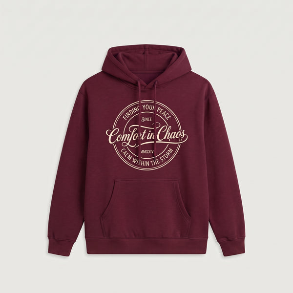 Comfort in Chaos Circular Crest Graphic Printed Pullover Hoodie – Maroon