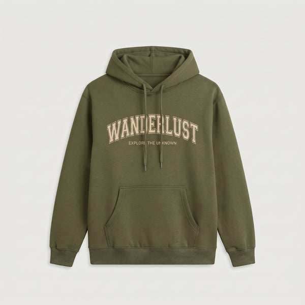 Wanderlust Explore The Unknown Collegiate Printed Hoodie – Olive Green