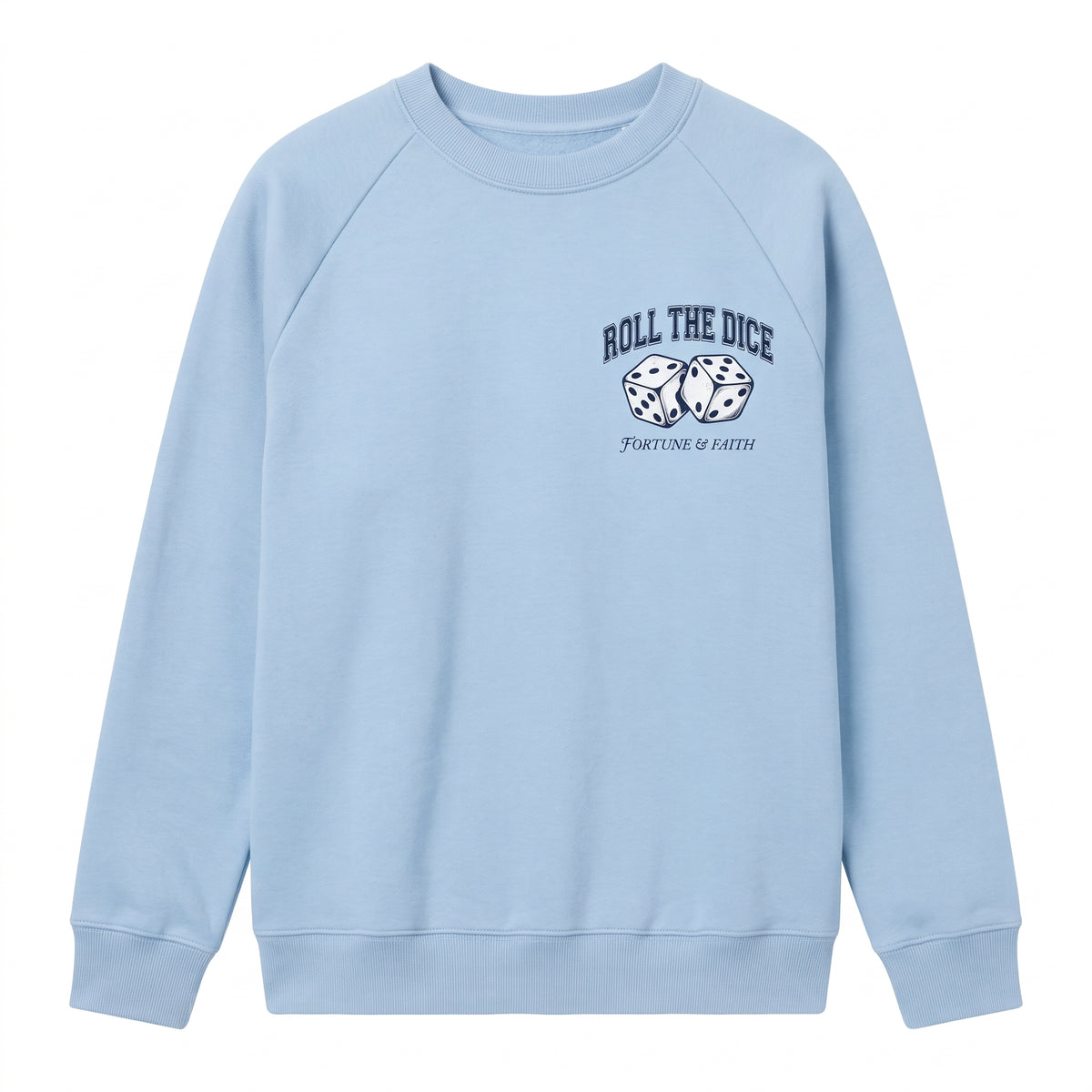 Fortune & Faith Dice Graphic Printed Crewneck Sweatshirt | Light Blue
