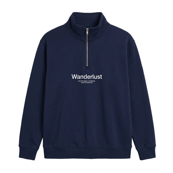 Wanderlust Minimalist Print Quarter-Zip Sweatshirt – Navy Blue