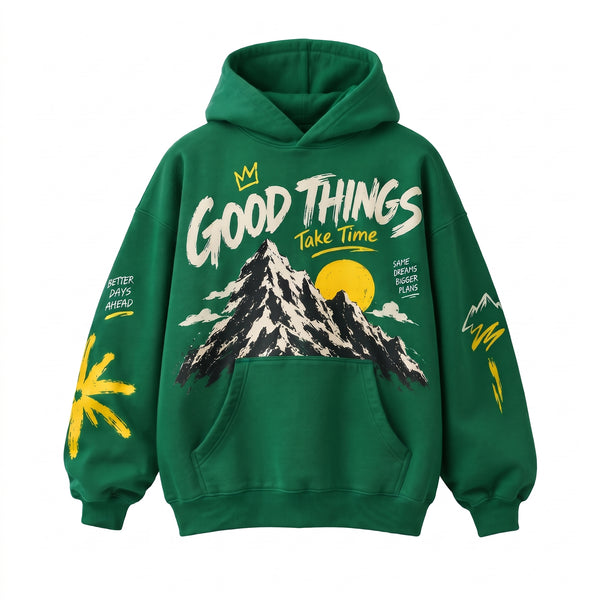 Good Things Take Time Mountain Graphic Printed Hoodie – Forest Green