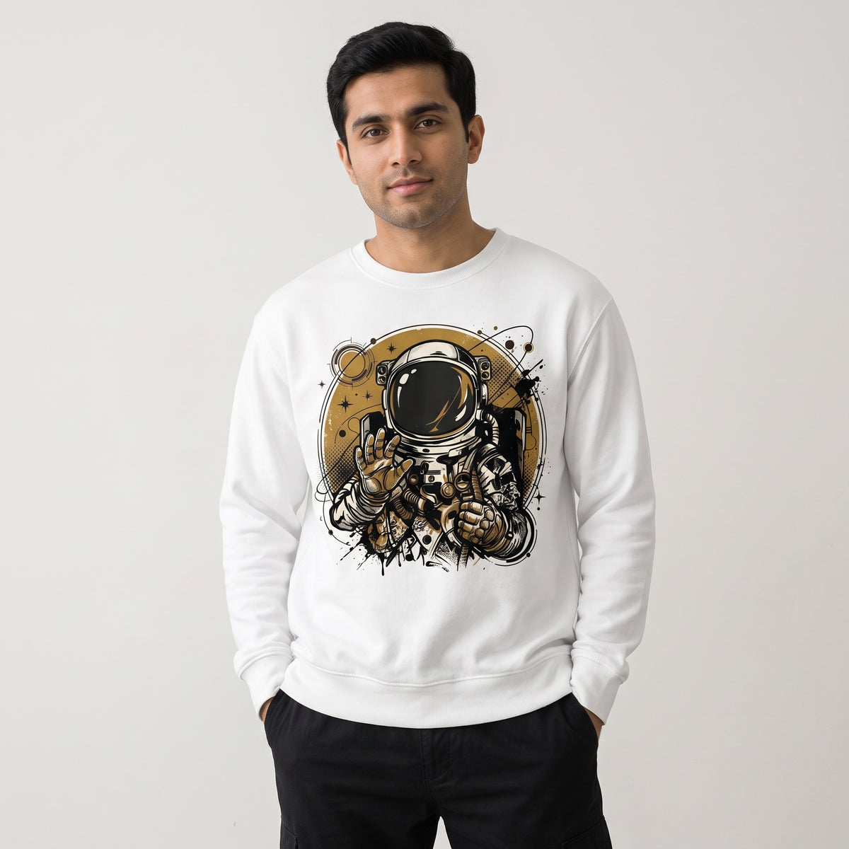 Starfarer Astronaut Graphic Printed Crewneck Sweatshirt | White