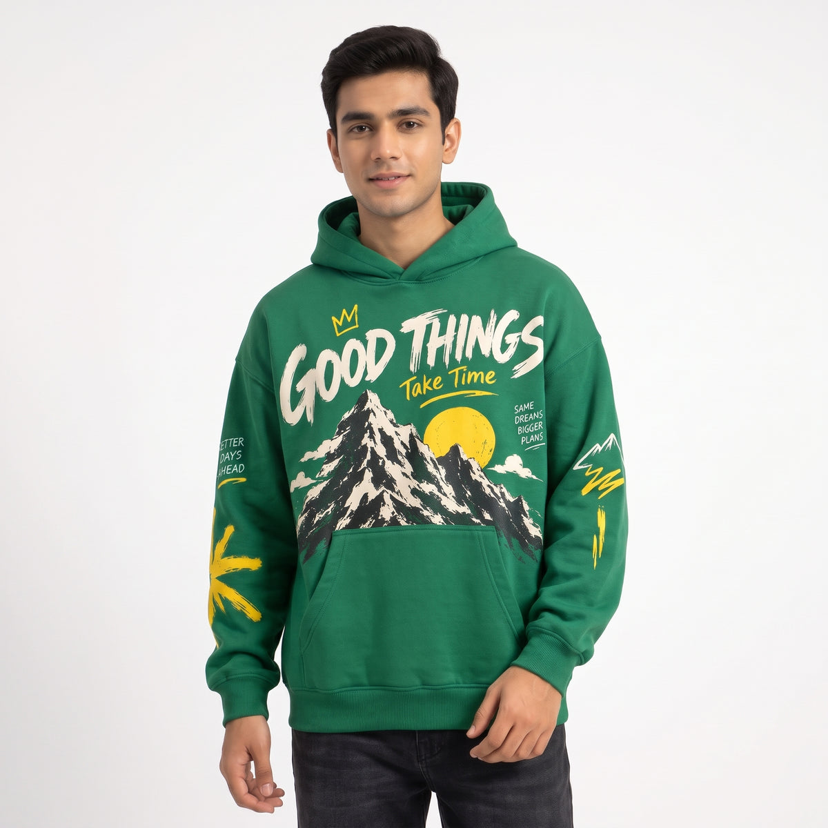 Good Things Take Time Mountain Graphic Printed Hoodie – Forest Green Main image