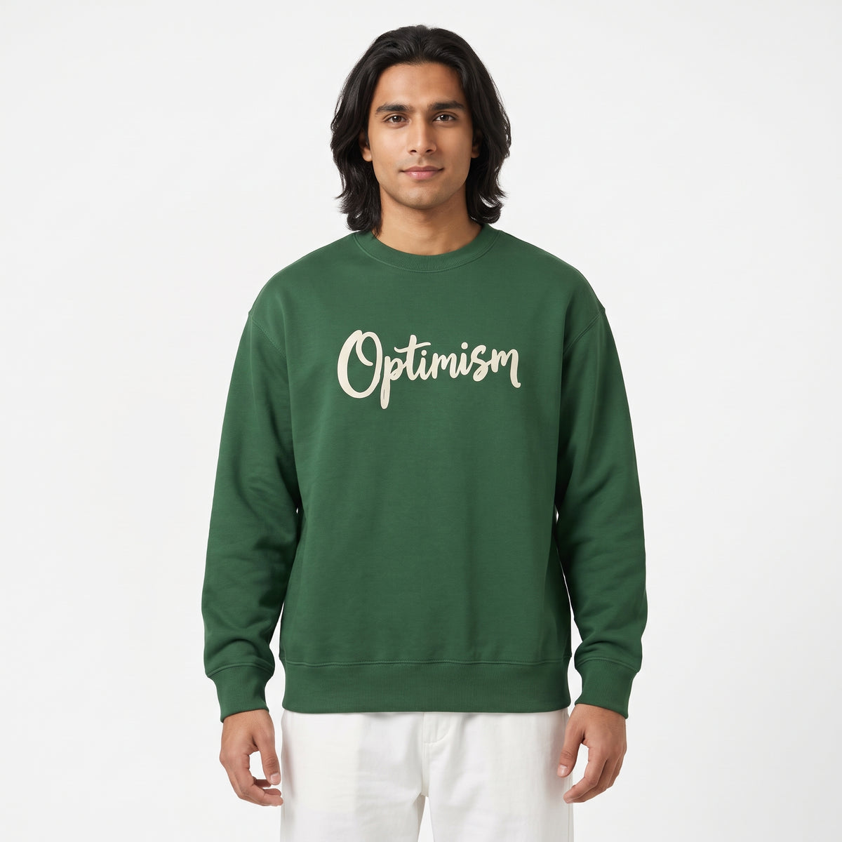 Optimism Typography Printed Crewneck Sweatshirt | Forest Green Main image