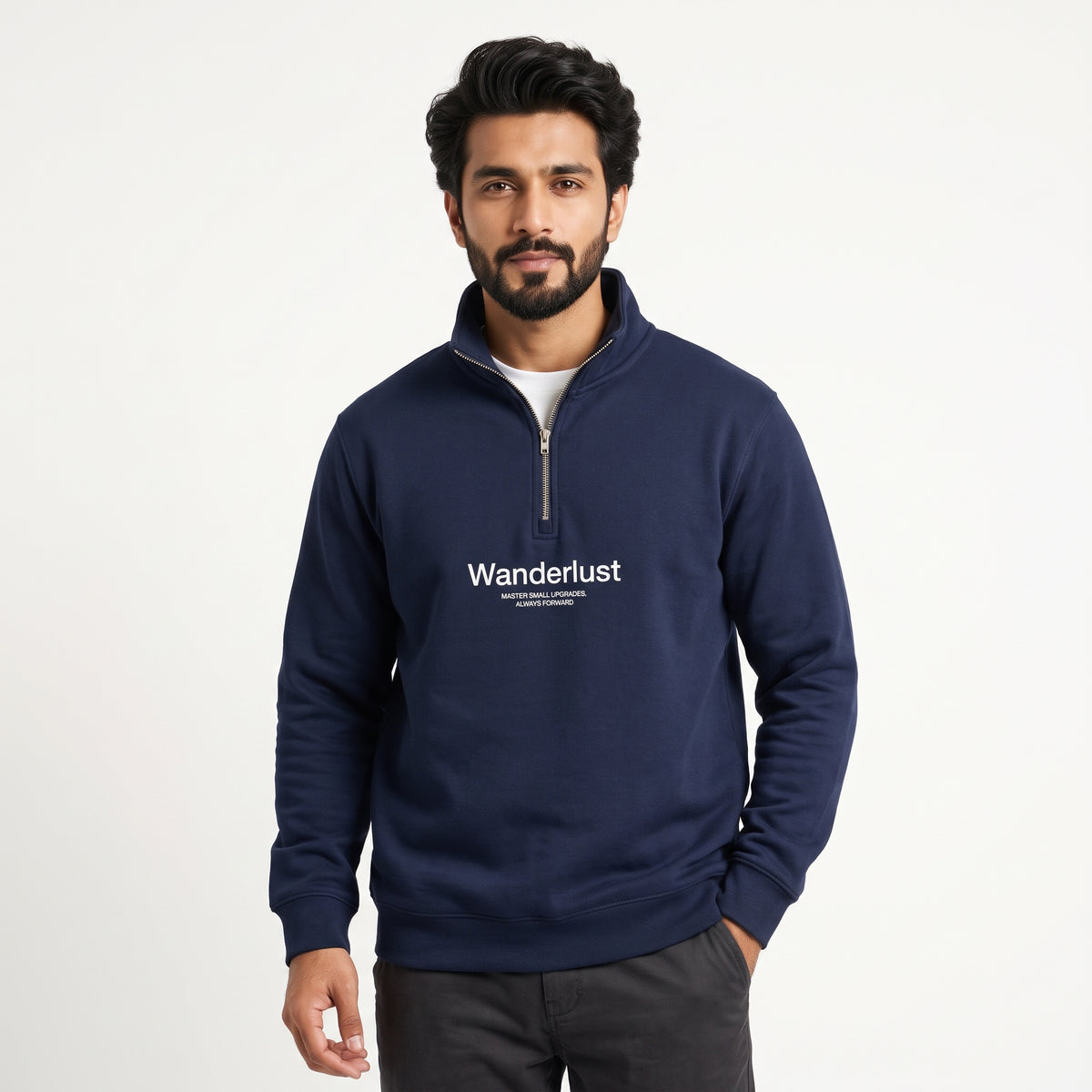 Wanderlust Minimalist Print Quarter-Zip Sweatshirt – Navy Blue