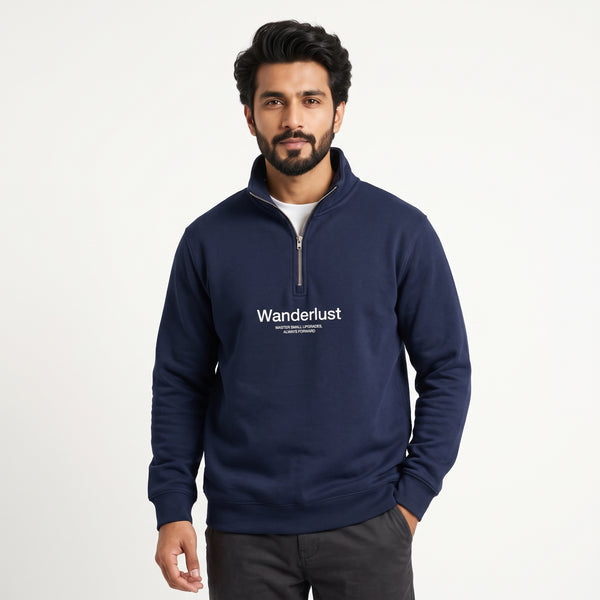 Wanderlust Minimalist Print Quarter-Zip Sweatshirt – Navy Blue