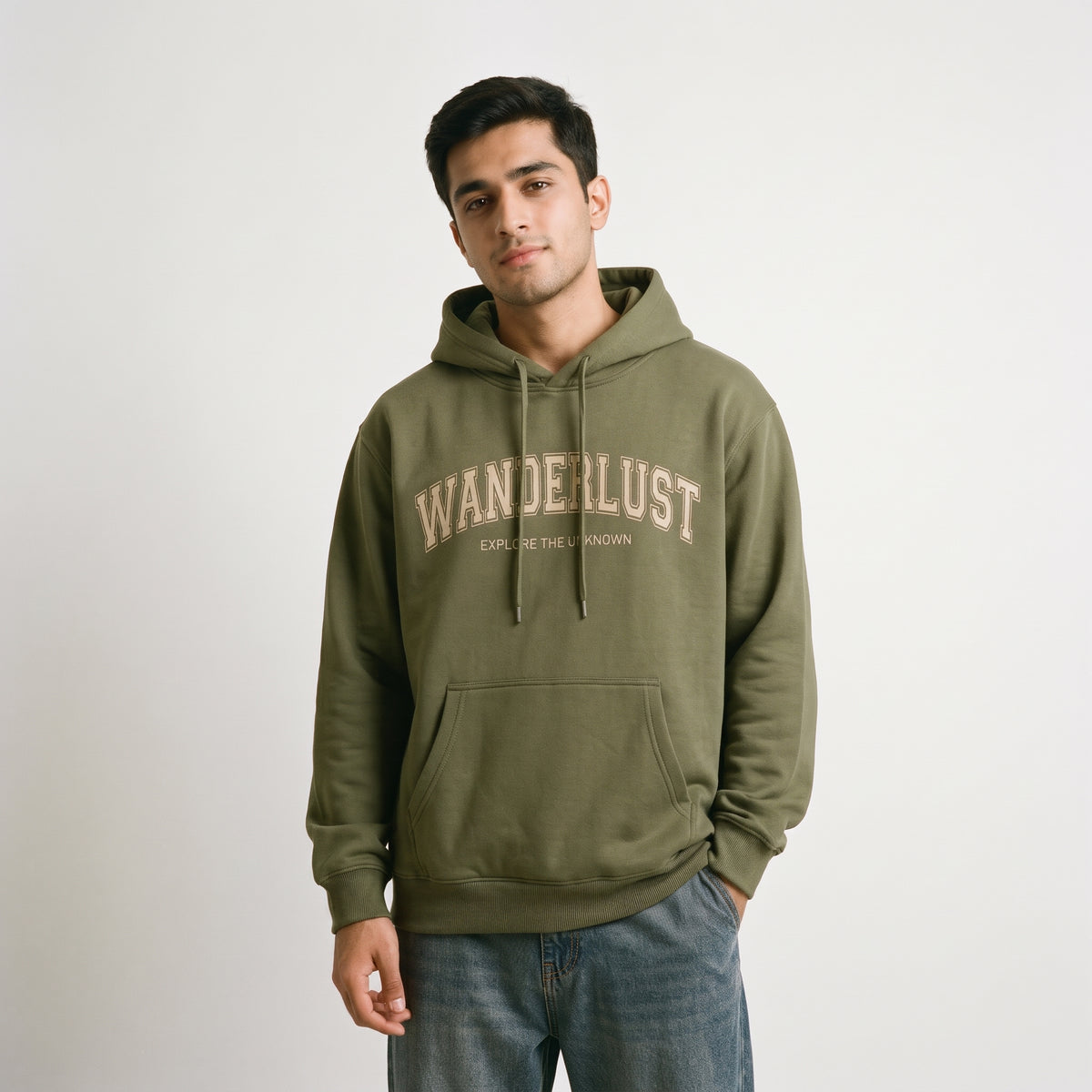 Wanderlust Explore The Unknown Collegiate Printed Hoodie – Olive Green Main image