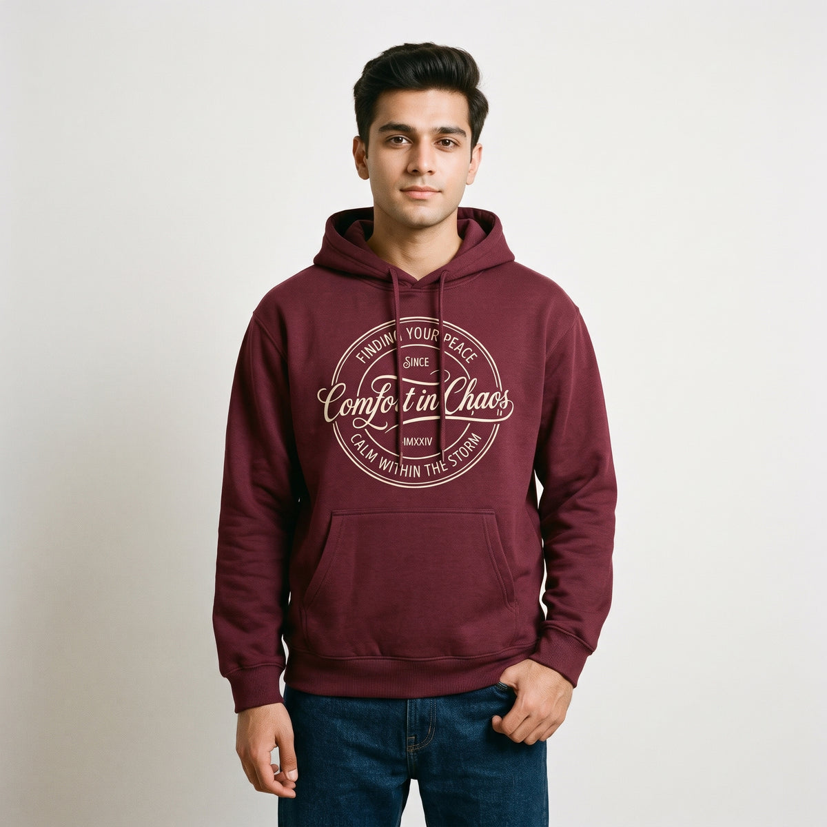 Comfort in Chaos Circular Crest Graphic Printed Pullover Hoodie – Maroon Main image