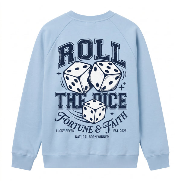 Fortune & Faith Dice Graphic Printed Crewneck Sweatshirt | Light Blue
