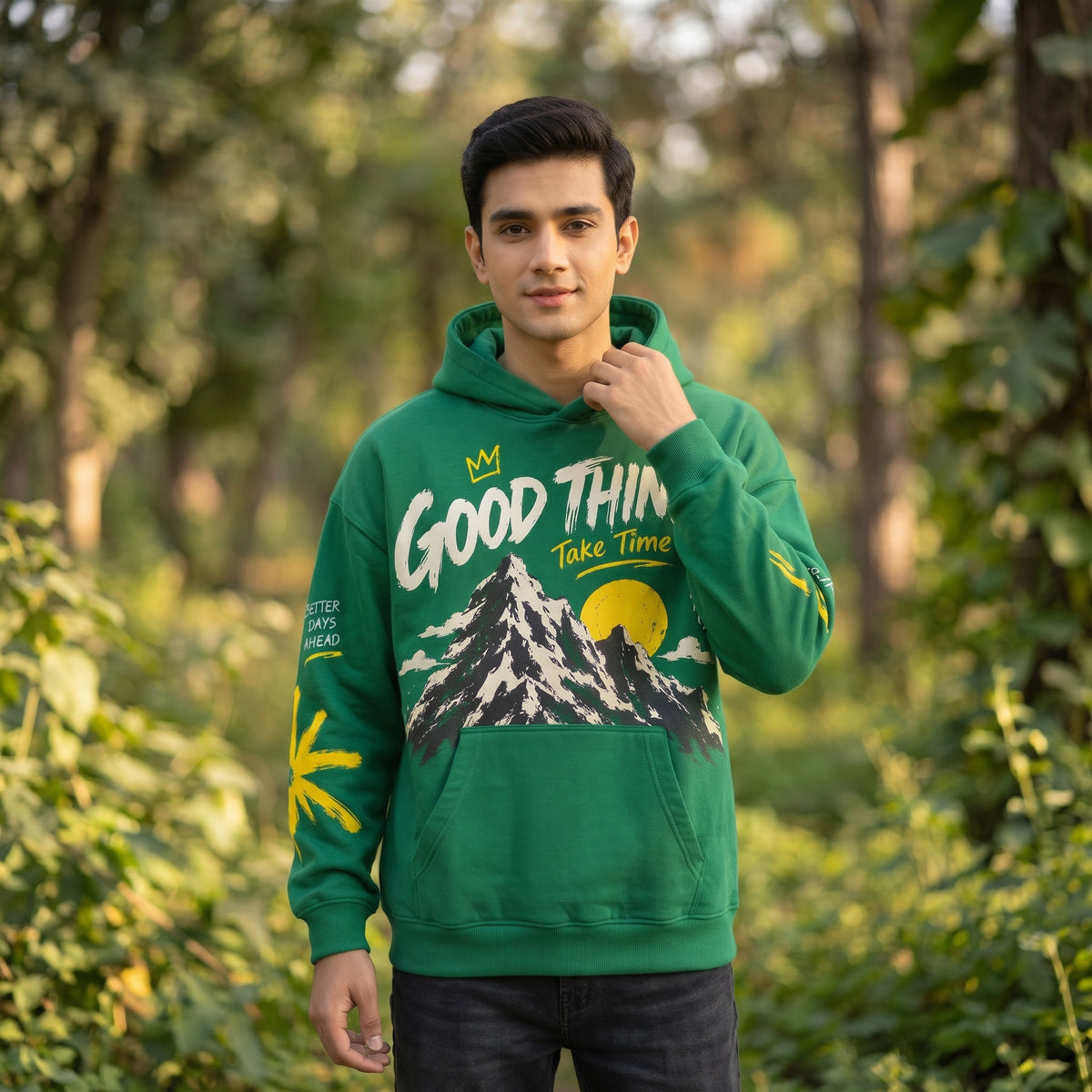 Good Things Take Time Mountain Graphic Printed Hoodie – Forest Green