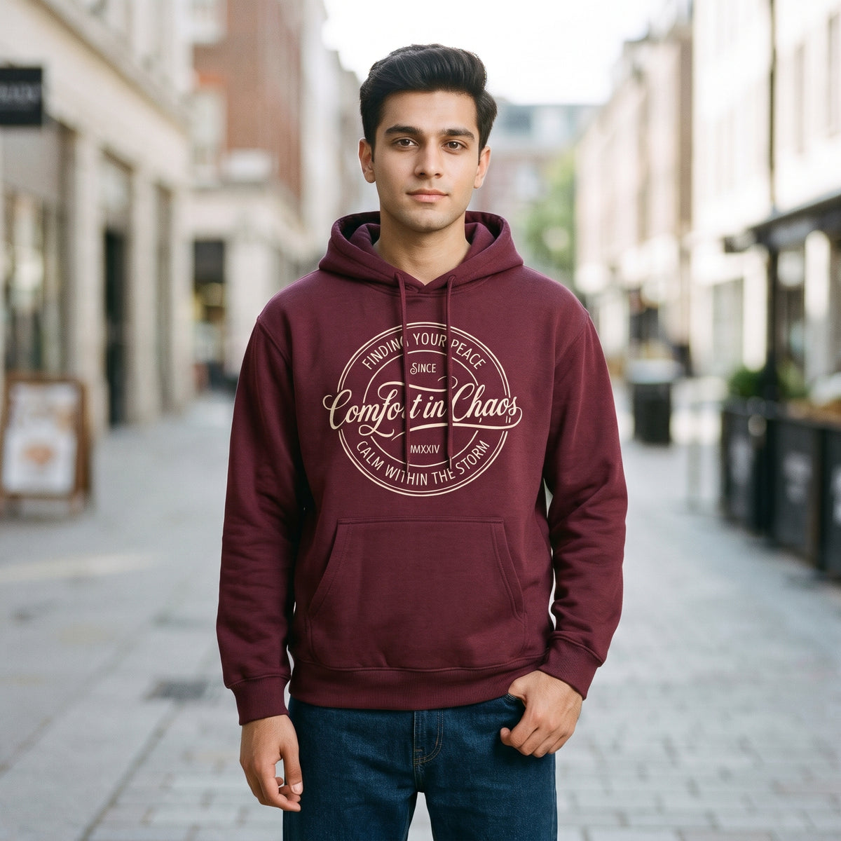 Comfort in Chaos Circular Crest Graphic Printed Pullover Hoodie – Maroon