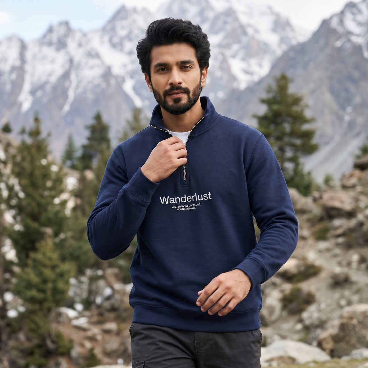 Wanderlust Minimalist Print Quarter-Zip Sweatshirt – Navy Blue
