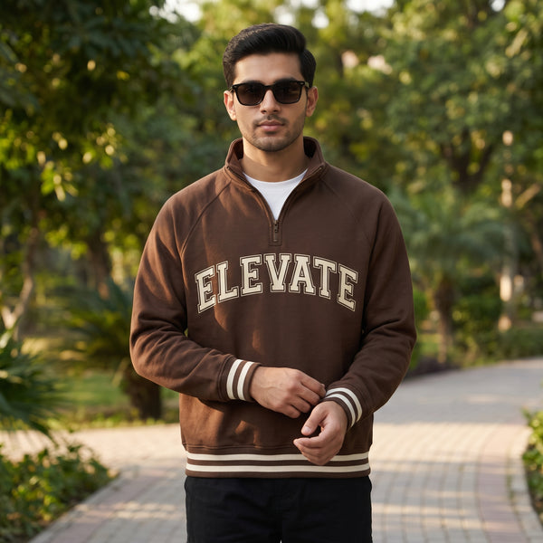 Elevate Collegiate Graphic Printed Quarter-Zip Sweatshirt – Chocolate Brown