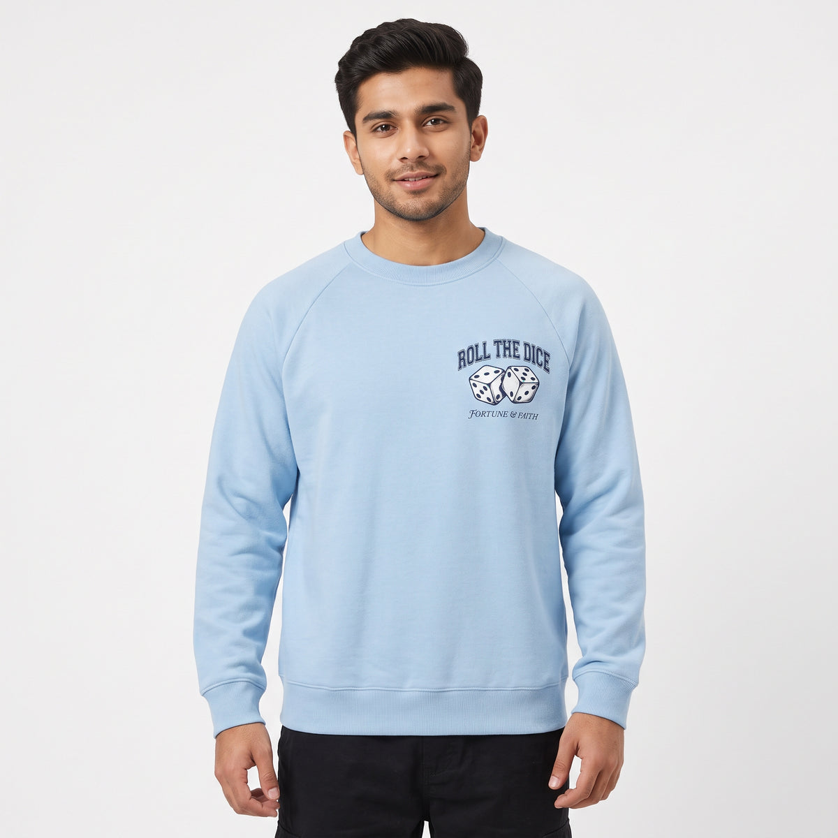 Fortune & Faith Dice Graphic Printed Crewneck Sweatshirt | Light Blue