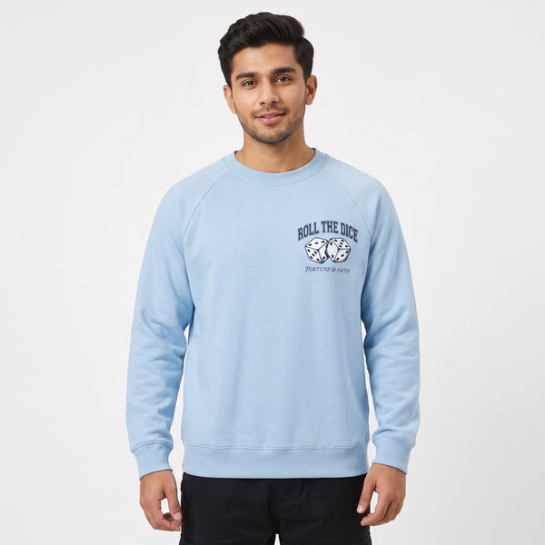 Fortune & Faith Dice Graphic Printed Crewneck Sweatshirt | Light Blue