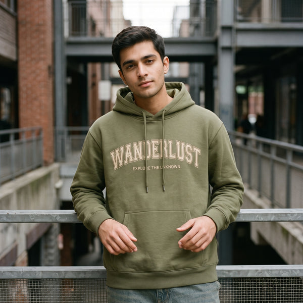Wanderlust Explore The Unknown Collegiate Printed Hoodie – Olive Green