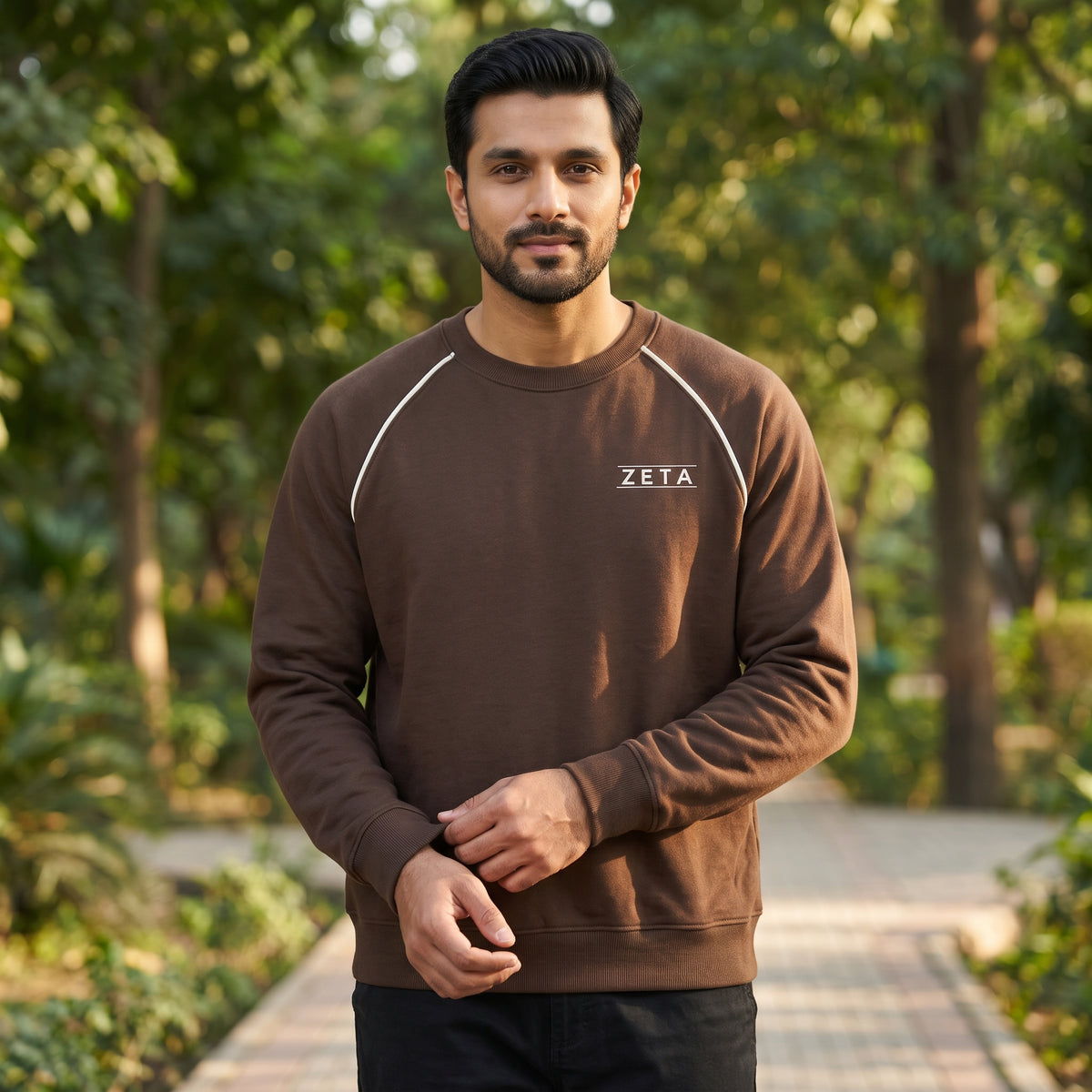 ZETA Minimalist Logo Raglan Crewneck Sweatshirt – Dark Brown