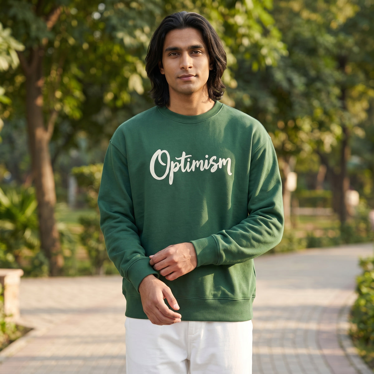 Optimism Typography Printed Crewneck Sweatshirt | Forest Green