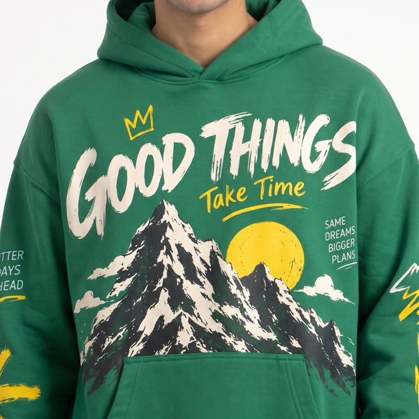 Good Things Take Time Mountain Graphic Printed Hoodie – Forest Green