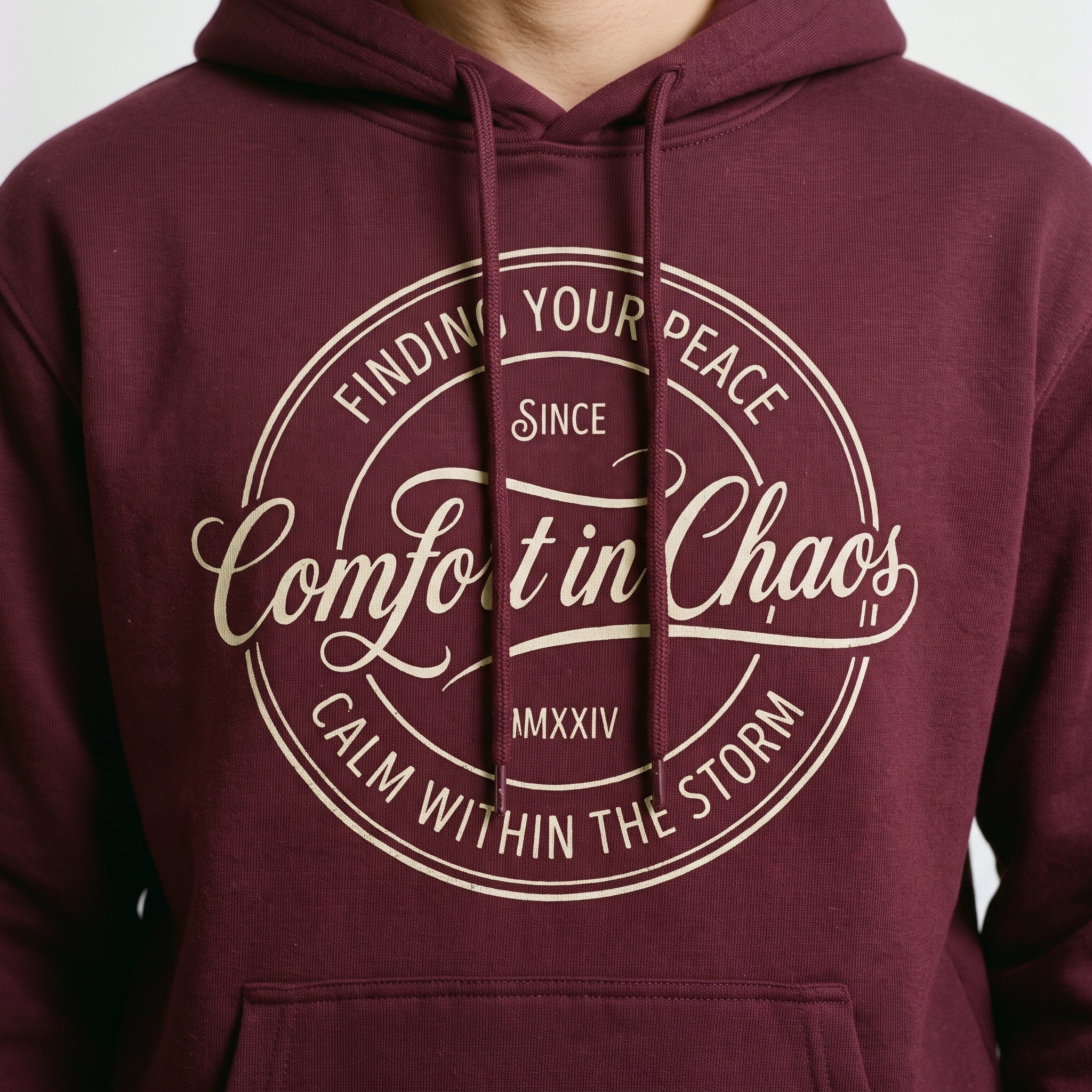Comfort in Chaos Circular Crest Graphic Printed Pullover Hoodie – Maroon Secondary image