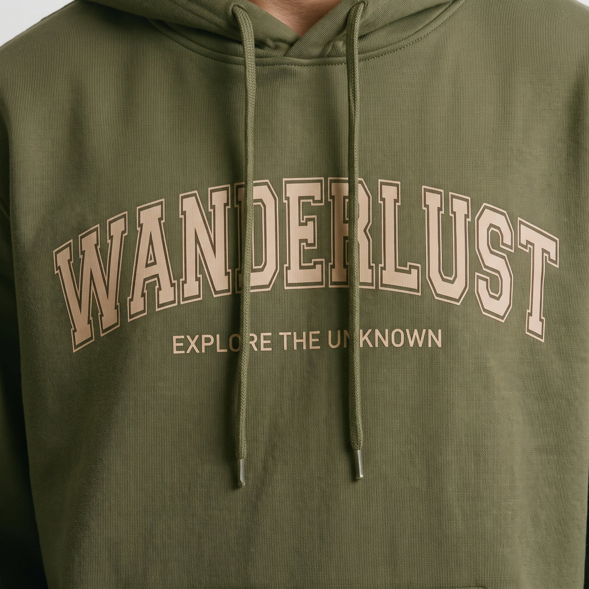Wanderlust Explore The Unknown Collegiate Printed Hoodie – Olive Green