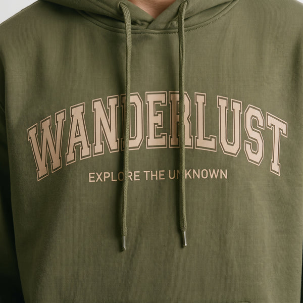 Wanderlust Explore The Unknown Collegiate Printed Hoodie – Olive Green