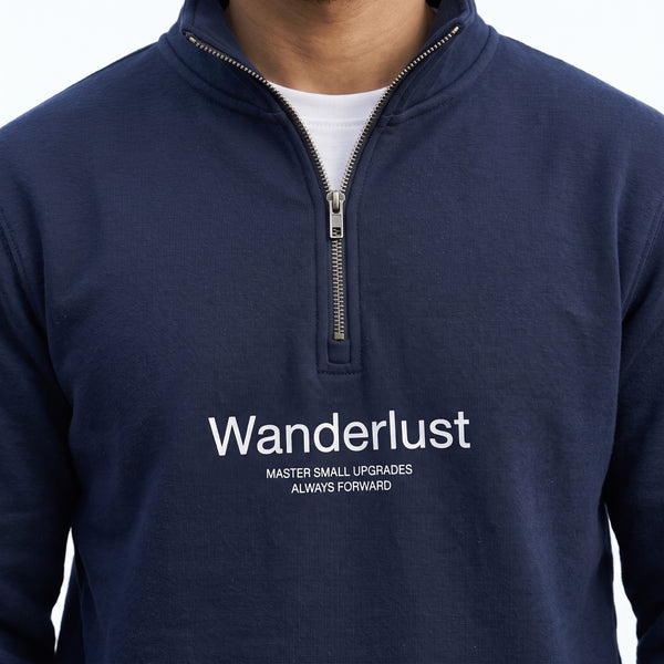 Wanderlust Minimalist Print Quarter-Zip Sweatshirt – Navy Blue