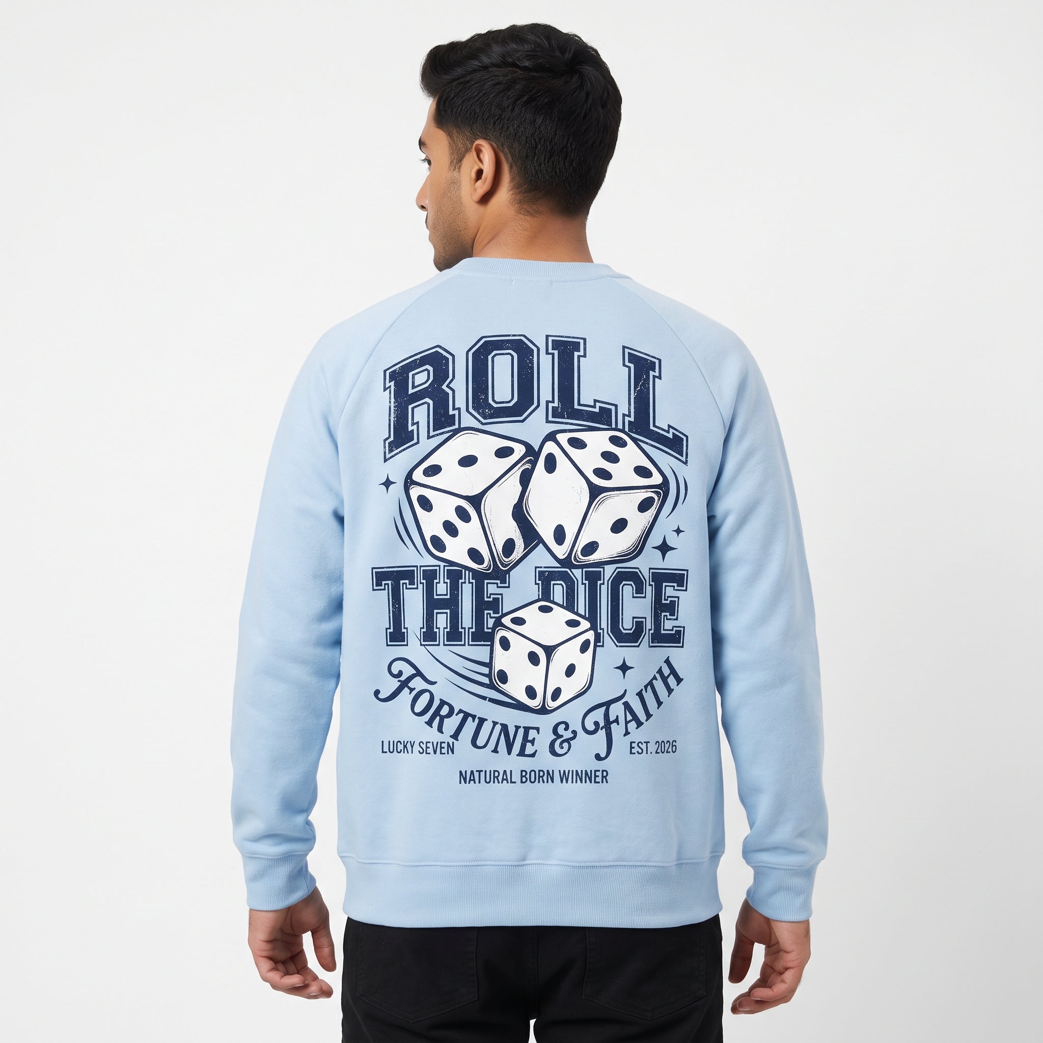 Fortune & Faith Dice Graphic Printed Crewneck Sweatshirt | Light Blue Secondary image