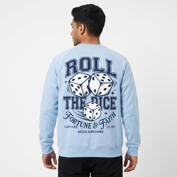 Fortune & Faith Dice Graphic Printed Crewneck Sweatshirt | Light Blue