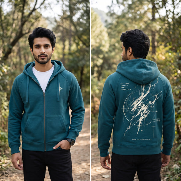 Directional Compass Graphic Full-Zip Hoodie – Deep Teal