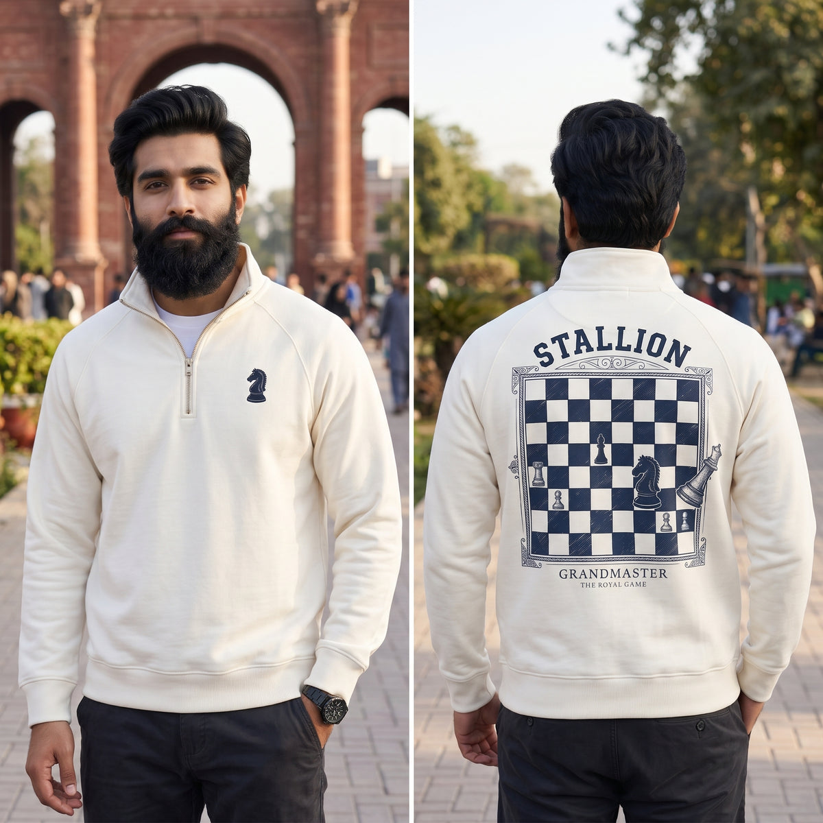 Stallion Chess Graphic Print Quarter-Zip Sweatshirt –  Off White