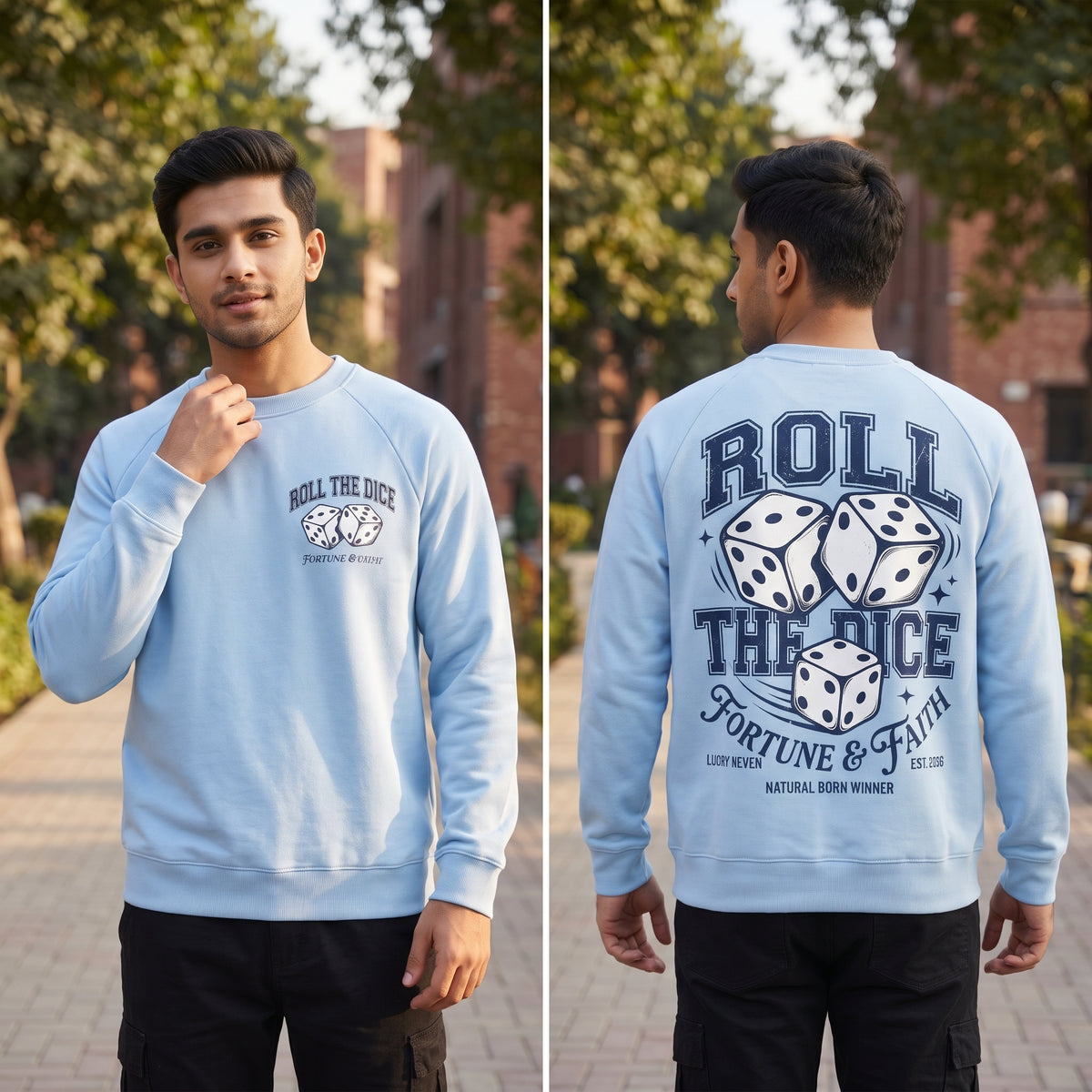 Fortune & Faith Dice Graphic Printed Crewneck Sweatshirt | Light Blue
