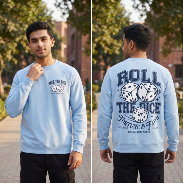 Fortune & Faith Dice Graphic Printed Crewneck Sweatshirt | Light Blue