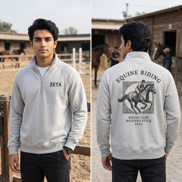 ZETA Equine Riding Club Graphic Printed Quarter-Zip Sweatshirt – Light Heather Grey