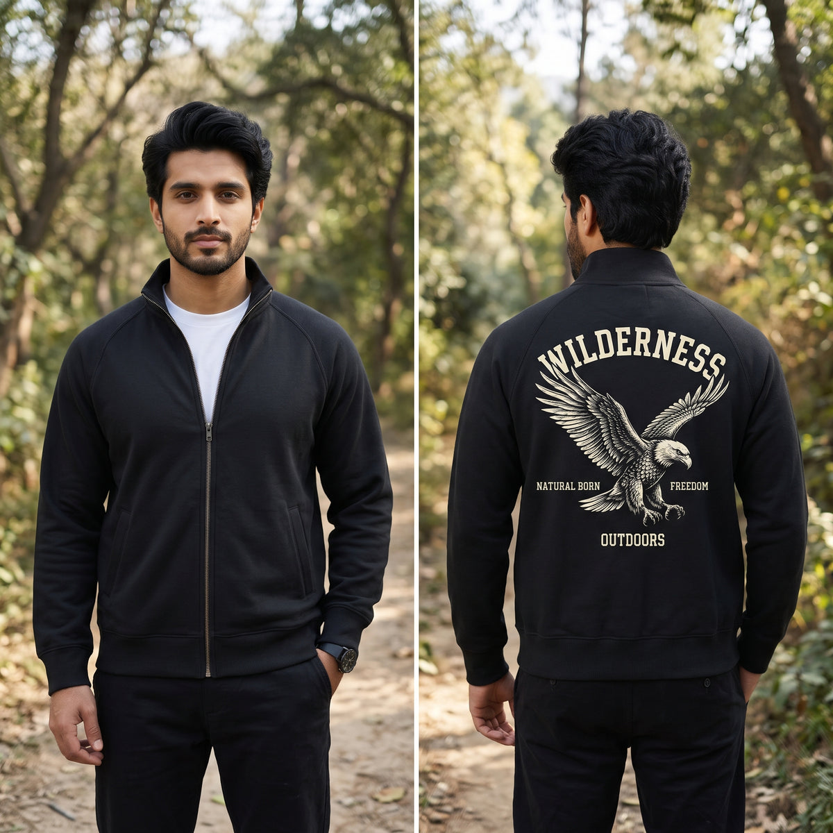 Wilderness Eagle Graphic Back Print Full-Zip Sweatshirt – Black