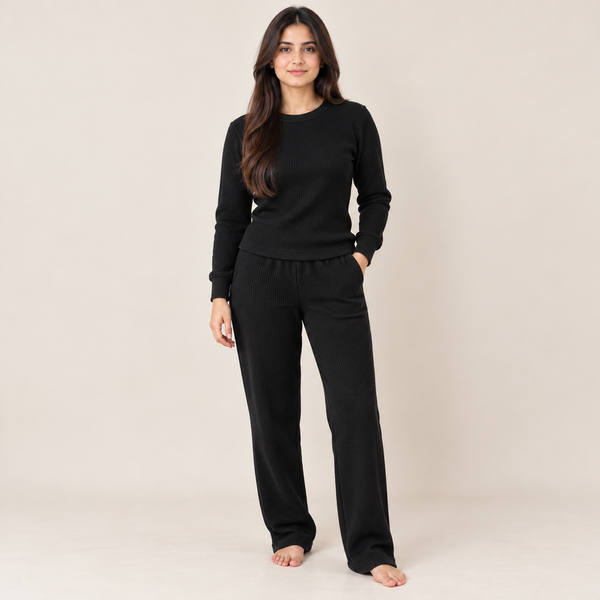 Women's Waffle Knit Thermal Crewneck & Trousers Co-Ord Set – Available in Multiple Colors