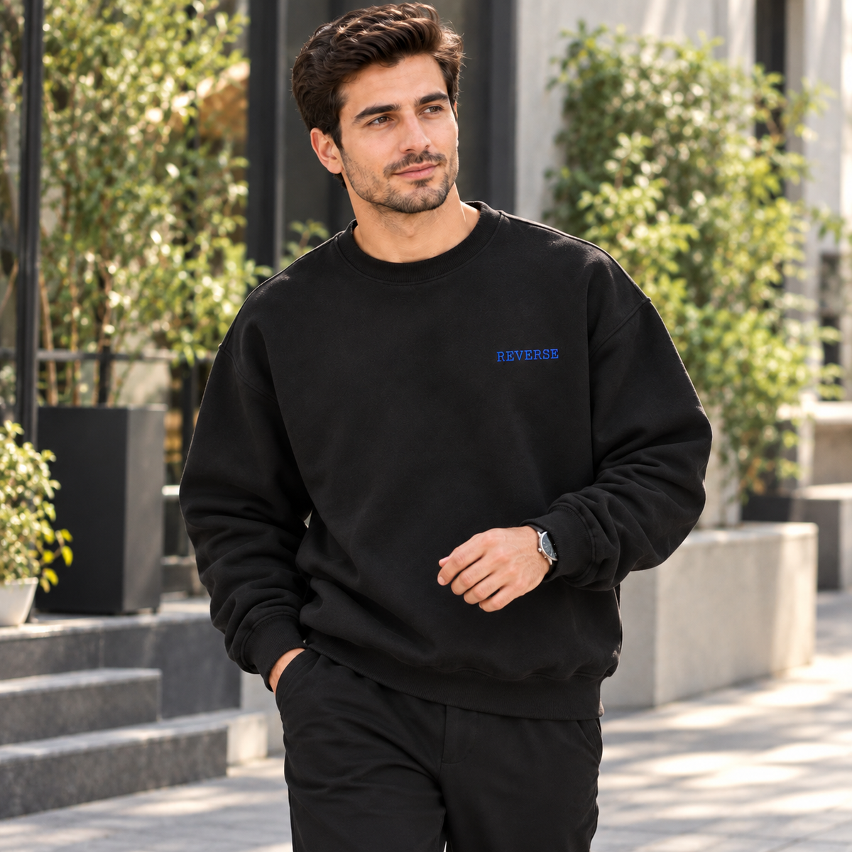 "REVERSE" Minimalist Chest Printed Sweatshirt – Jet Black