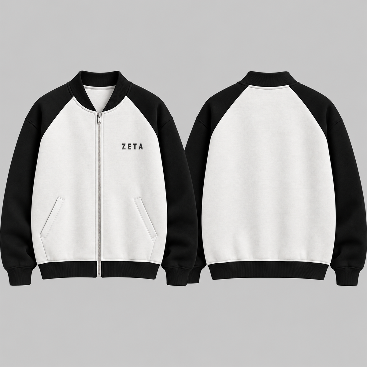 "ZETA" Two-Tone Raglan Full Zip-Up Bomber Sweatshirt – Black & White