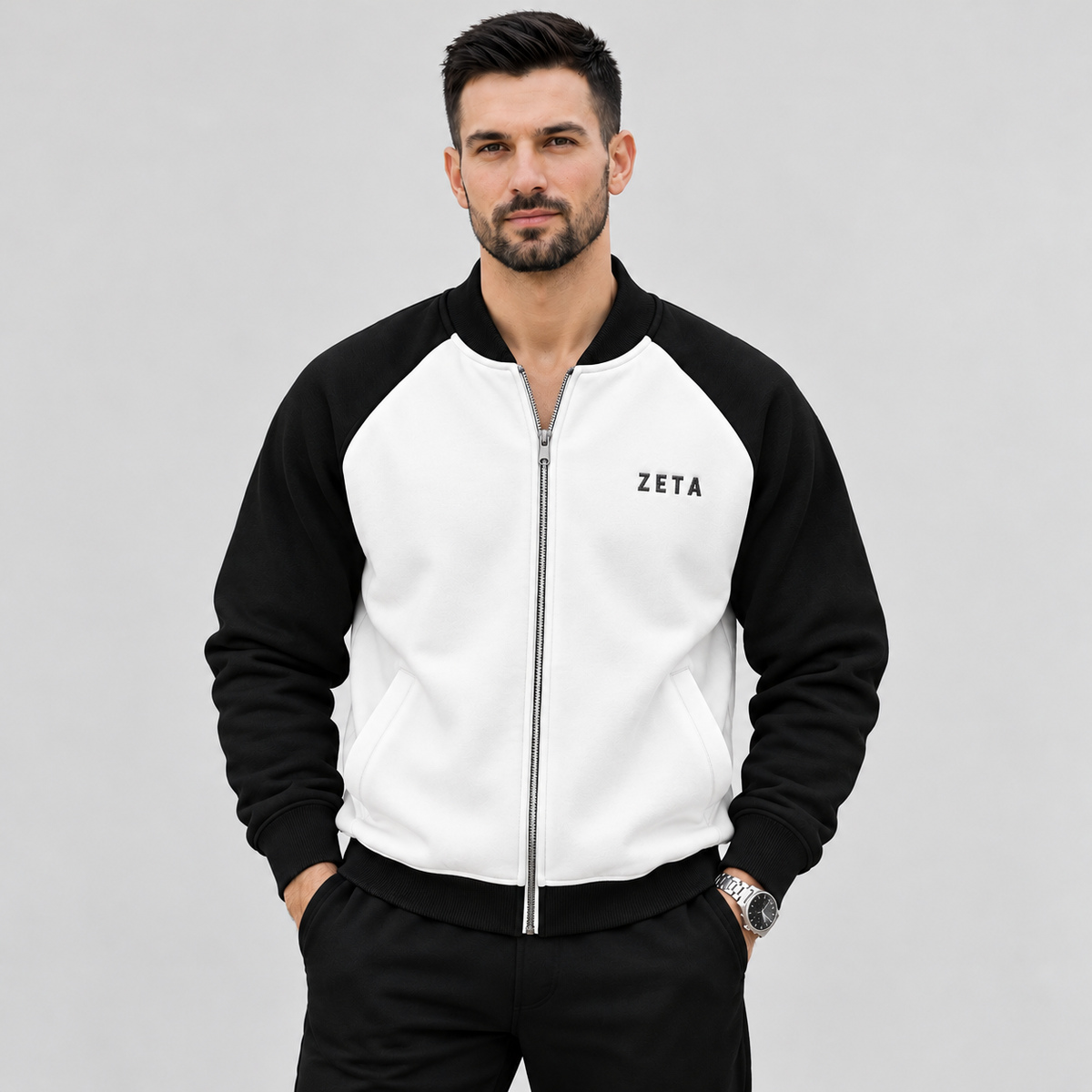"ZETA" Two-Tone Raglan Full Zip-Up Bomber Sweatshirt – Black & White Main image