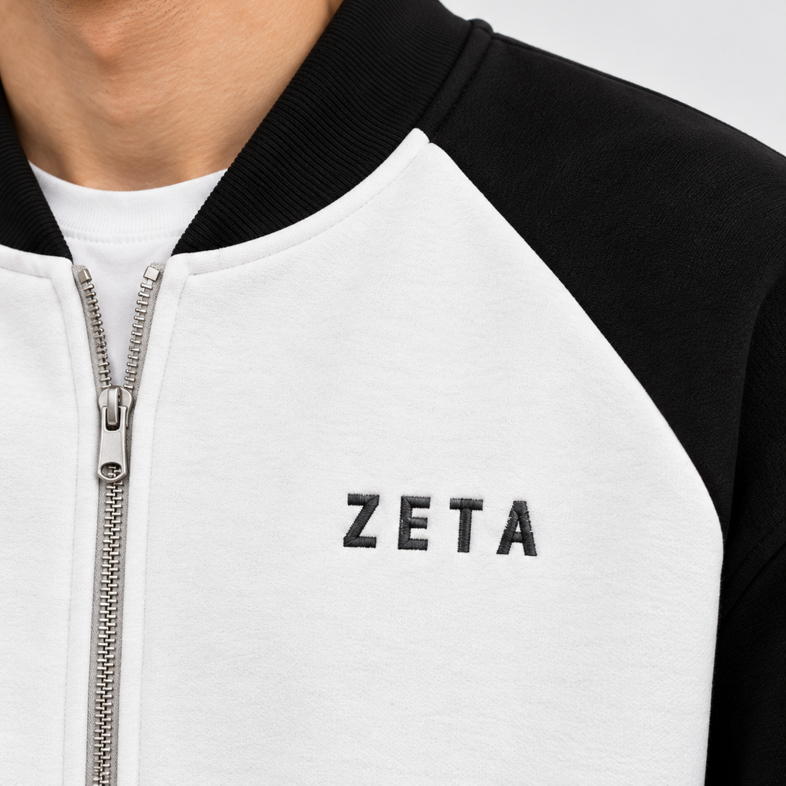 "ZETA" Two-Tone Raglan Full Zip-Up Bomber Sweatshirt – Black & White