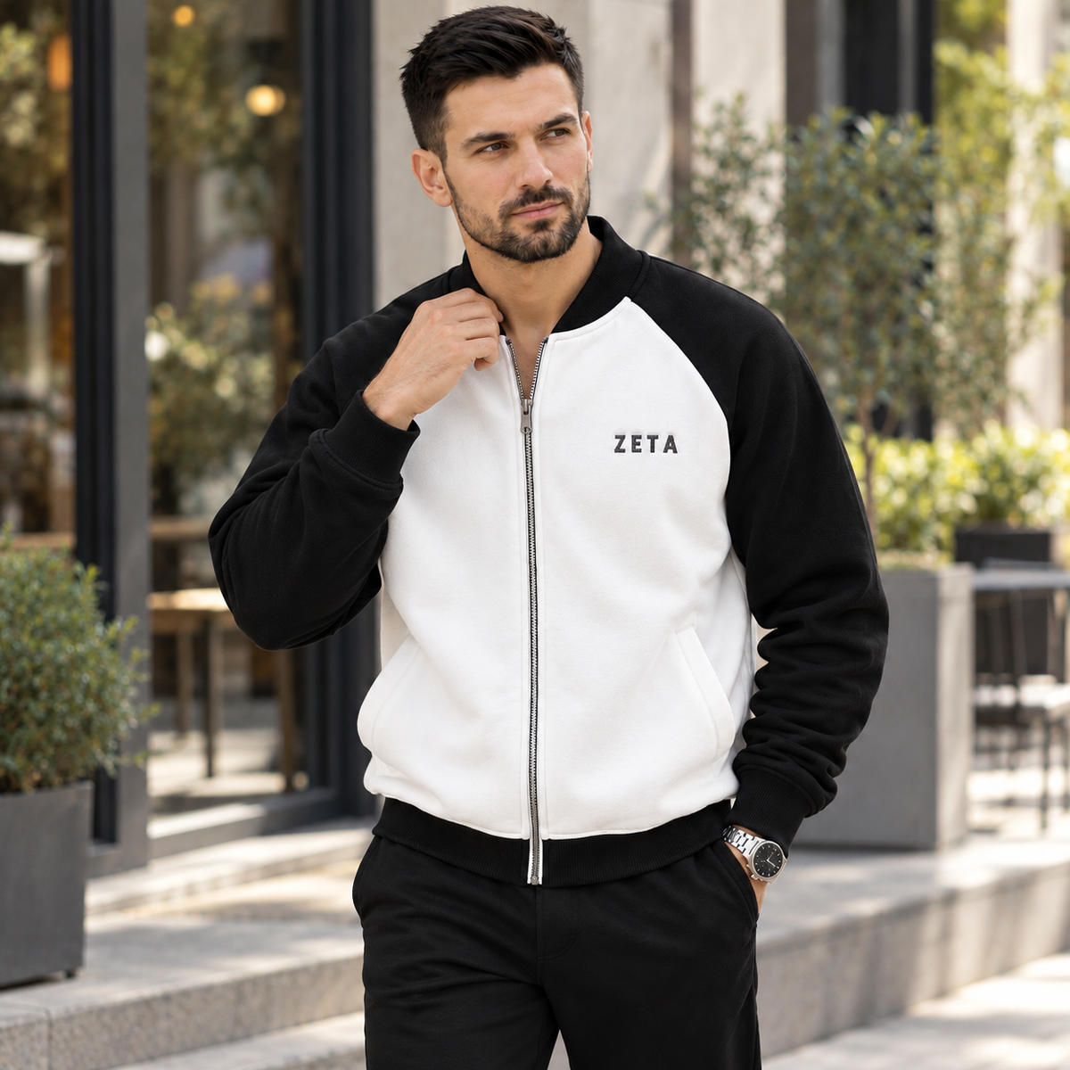 "ZETA" Two-Tone Raglan Full Zip-Up Bomber Sweatshirt – Black & White