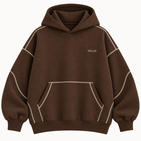 "DOLLAR" Contrast Stitching Oversized Hoodie – Chocolate Brown