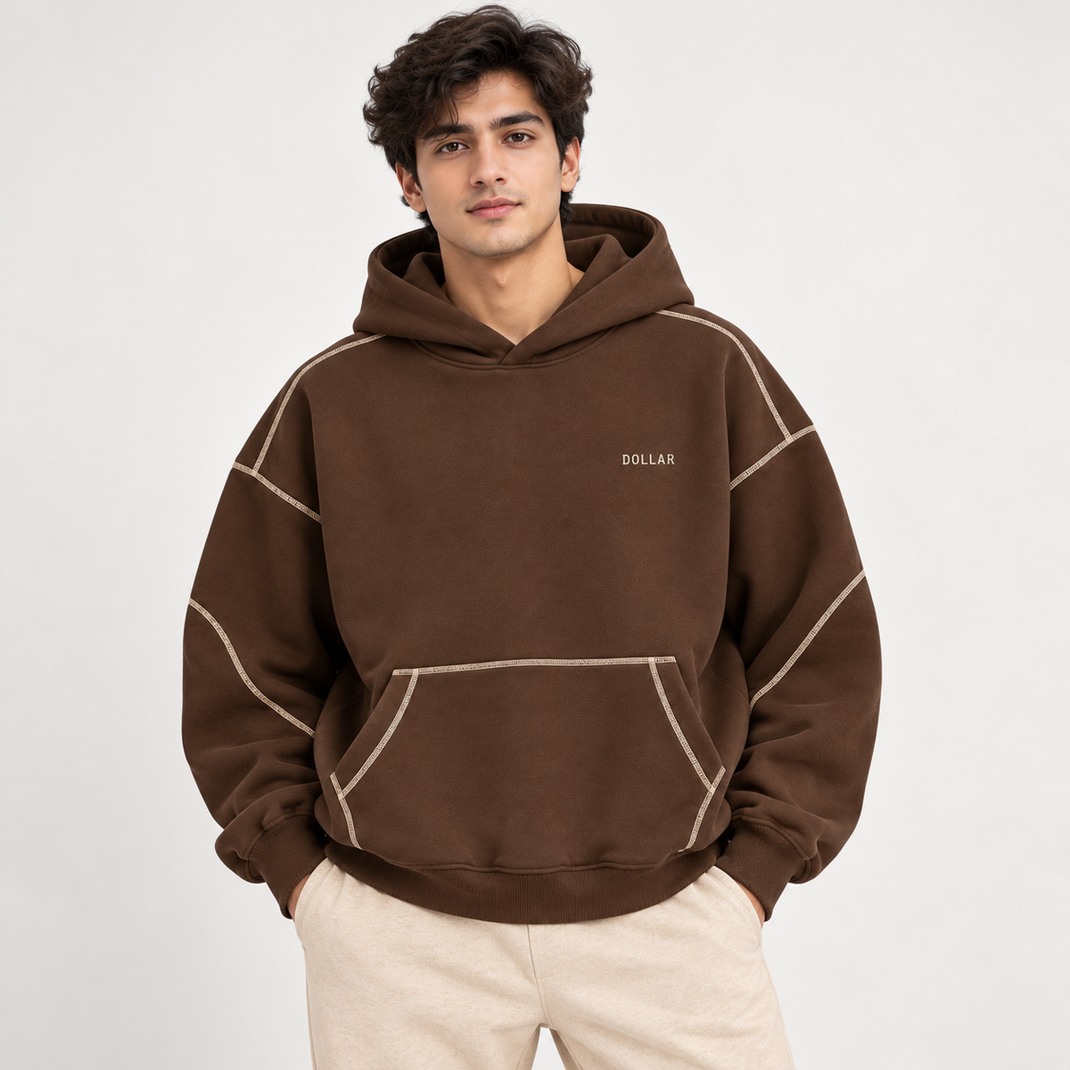 "DOLLAR" Contrast Stitching Oversized Hoodie – Chocolate Brown