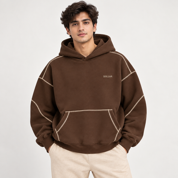 "DOLLAR" Contrast Stitching Oversized Hoodie – Chocolate Brown