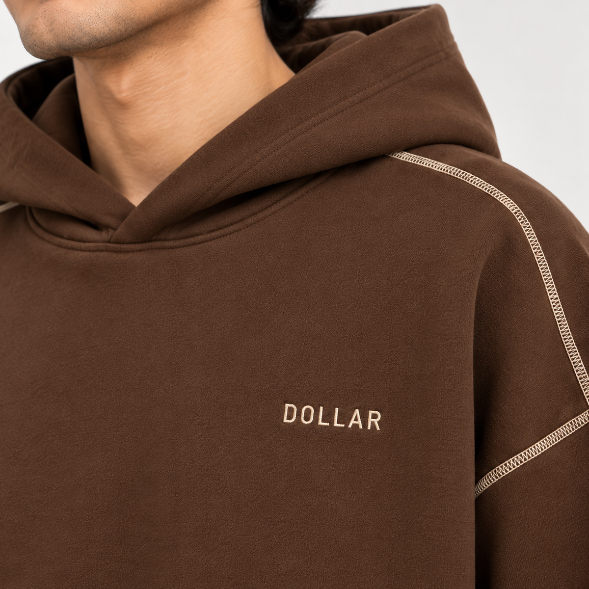 "DOLLAR" Contrast Stitching Oversized Hoodie – Chocolate Brown