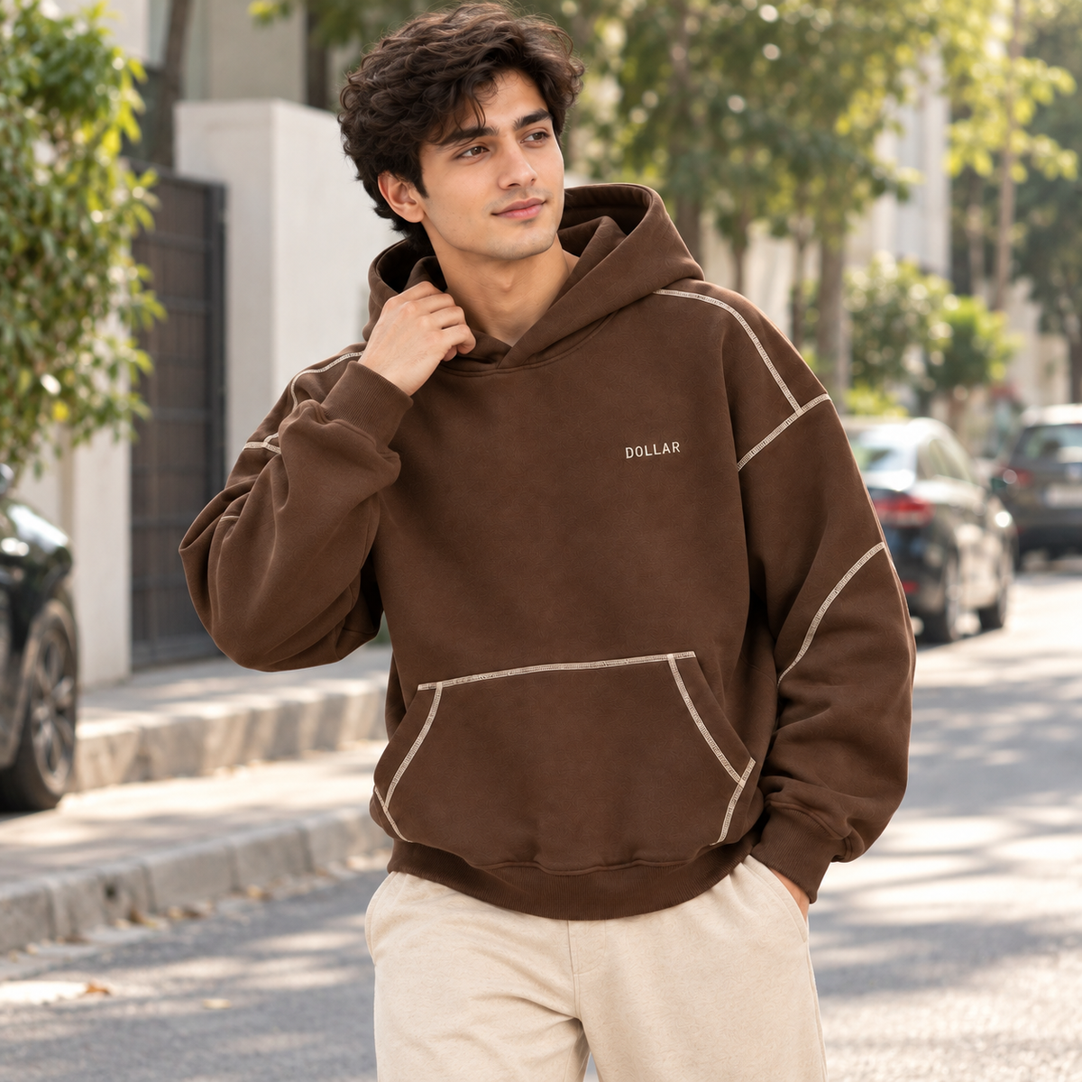 "DOLLAR" Contrast Stitching Oversized Hoodie – Chocolate Brown