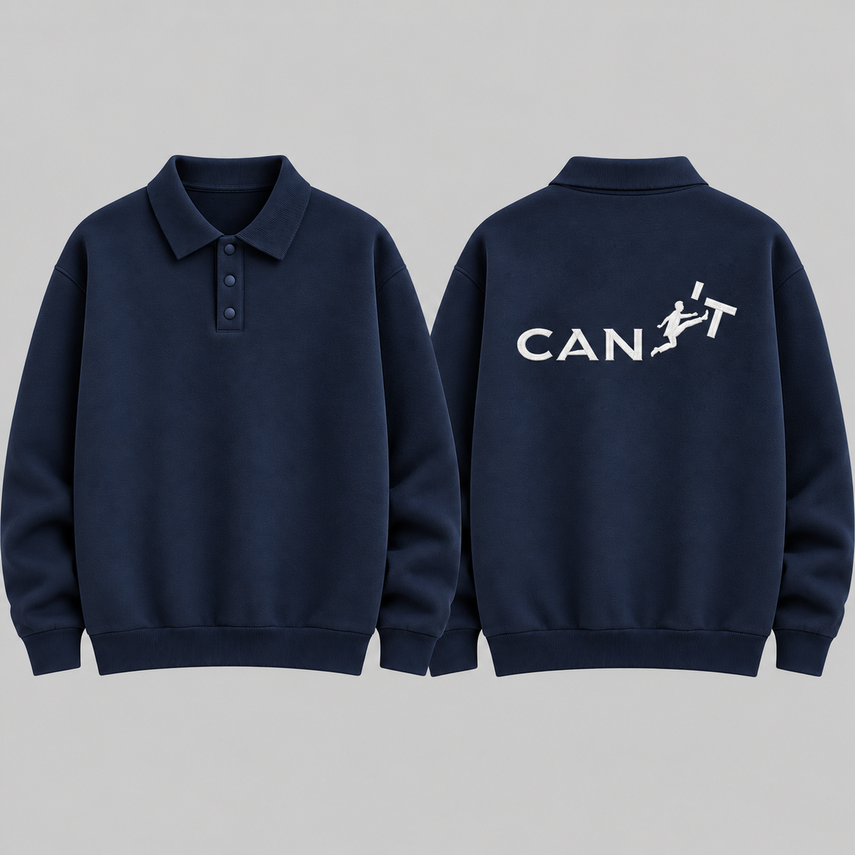 "CAN'T" Kicking Figure Back Print Graphic Polo Collar Sweatshirt – Navy Blue