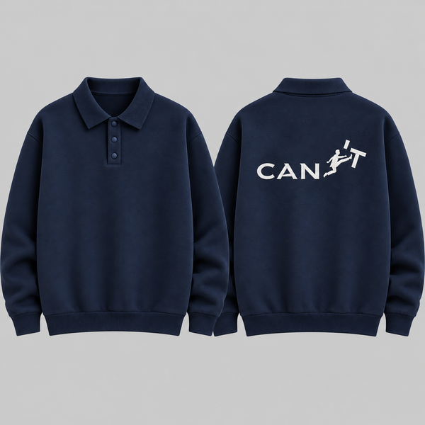 "CAN'T" Kicking Figure Back Print Graphic Polo Collar Sweatshirt – Navy Blue