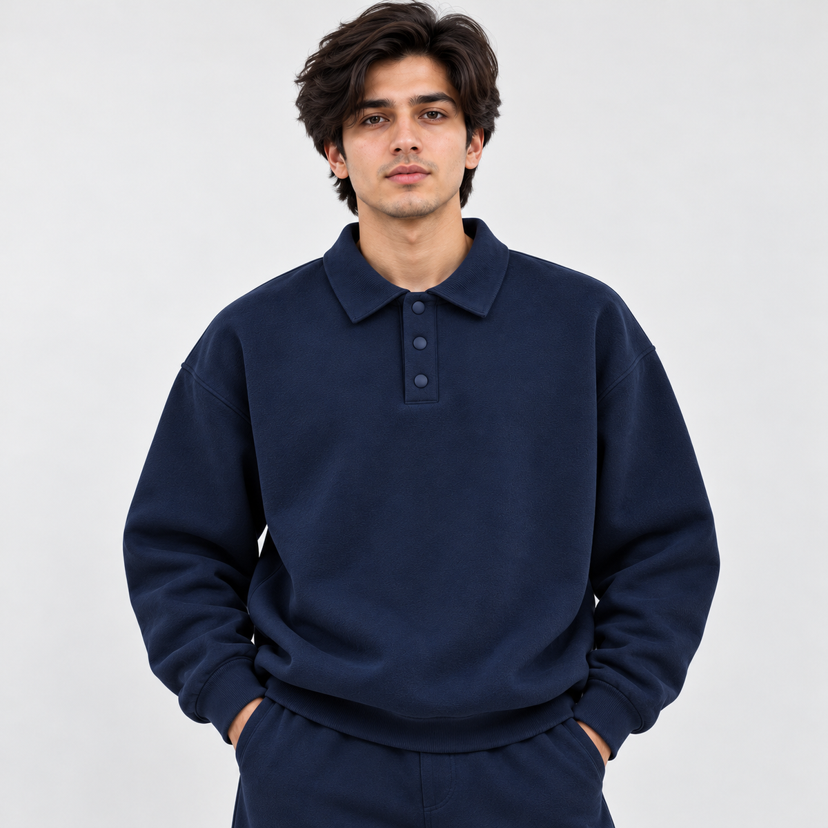 "CAN'T" Kicking Figure Back Print Graphic Polo Collar Sweatshirt – Navy Blue